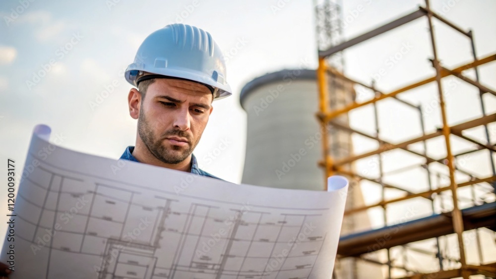 Aufkleber Medium closeup of a construction engineer examining blueprints with construction scaffolding and a partial cooling tower structure rising in the backdrop.