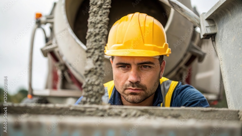 Poster Medium closeup of a construction worker in a hard hat carefully monitoring the flow of concrete from a mixer focused on ensuring consistency and quality in the pour.