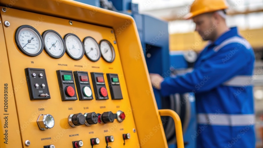 Poster Medium closeup of a control panel next to the conveyor system displaying various gauges and switches that operate the heavyduty system with a technician adjusting settings.