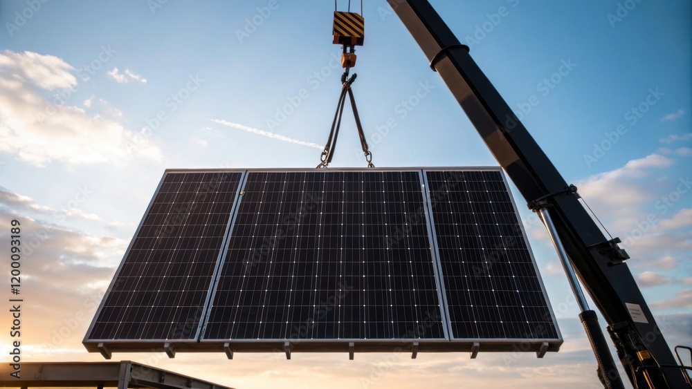 Poster medium closeup of a crane lifting a large solar array into position silhouetted against the bright s