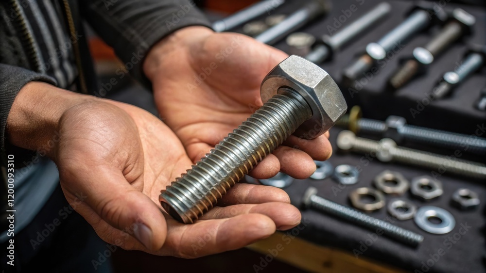 Aufkleber Medium closeup of a finished fastener in the hands of a worker displaying the products detailed surface finish and craftsmanship against a backdrop of tools.