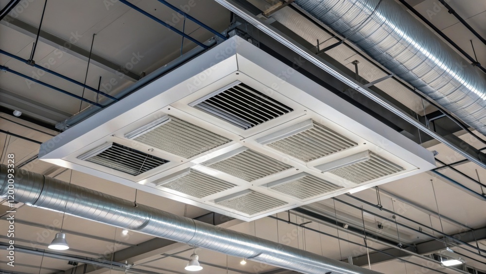 Poster medium closeup of a factorys ceiling with an installed air filtration system featuring modern vents 