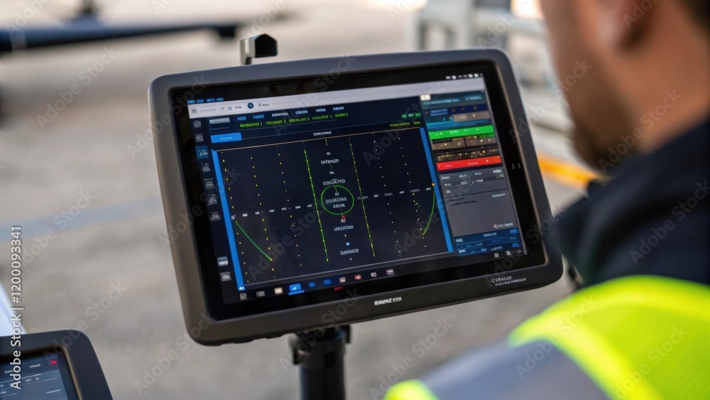 Fototapete Medium closeup of a drones view screen showing realtime data analysis as a technician assesses blade integrity from a height emphasizing technology in maintenance.
