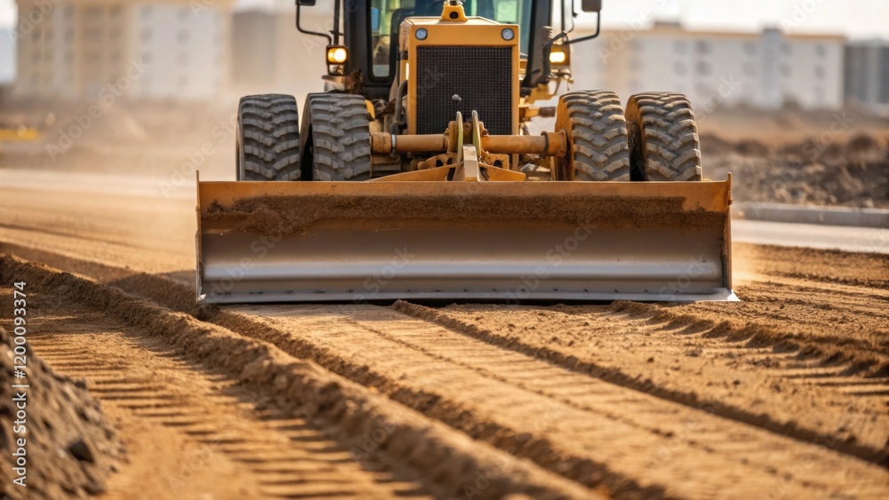 Poster Medium closeup of a grader in action its blade slicing through layers of earth smoothing the ground while revealing the power and precision of construction machinery.