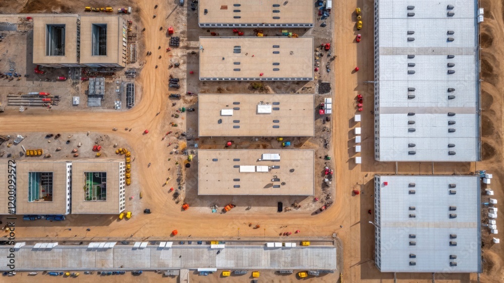 Poster Medium closeup of an aerial view of a site under construction with multiple facilities taking shape and workers moving about revealing the scale of the project.