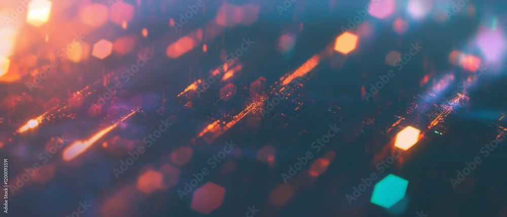 Poster Lens flare background with hexagonal shapes and radiant light rays in vibrant colors