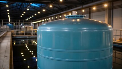 Medium closeup of a large water storage tank with a reflection of the workshop lights on its surface demonstrating the facilitys capacity for purified water storage.
