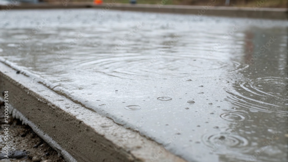Poster Medium closeup of an horizontal view of freshly poured concrete settling the wet surface creating a ripple effect as small droplets of excess water escape on the edges.