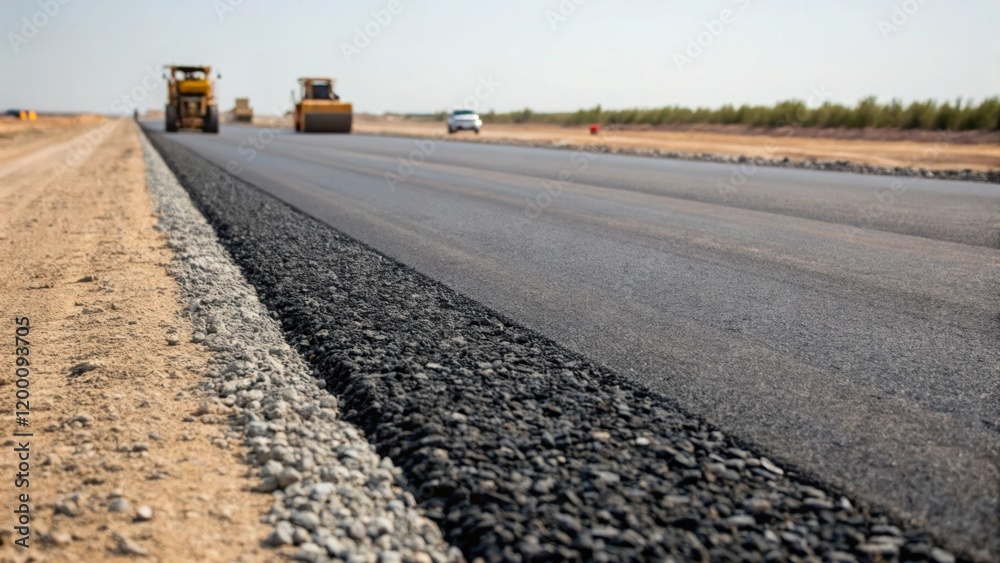 Poster Medium closeup of an open road ahead where the steamrollers path transitions from rough gravel to smooth pavement capturing the progression of road construction.