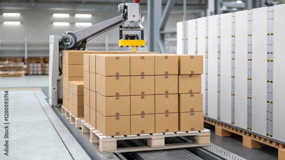 Aufkleber Medium closeup of a palletizing system stacking boxes onto a pallet in a systematic manner demonstrating efficiency in load management.