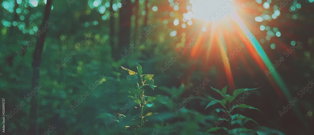 Poster beautiful lens flare and light leaks create a vintage atmosphere in a lush forest setting