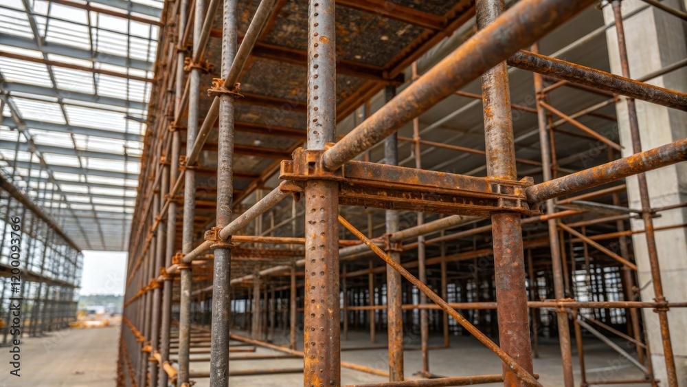 Aufkleber Medium closeup of a rusted metal scaffold surrounding the partially constructed warehouse showcasing the layered complexity and modular design of safety frameworks.