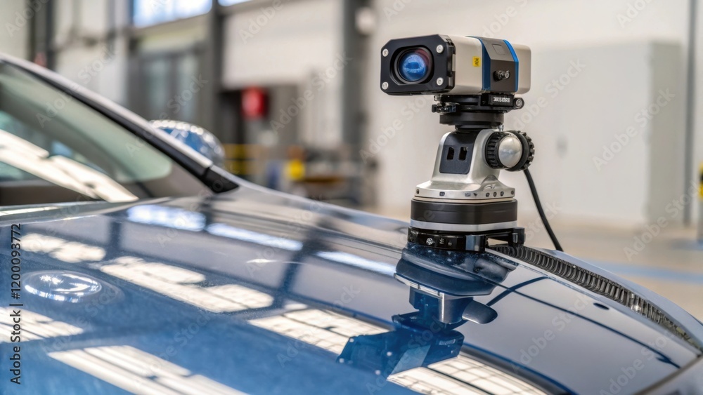 Poster Medium closeup of a robot equipped with vision sensors inspecting a painted car body with a focus on a camera lens capturing surface imperfections.