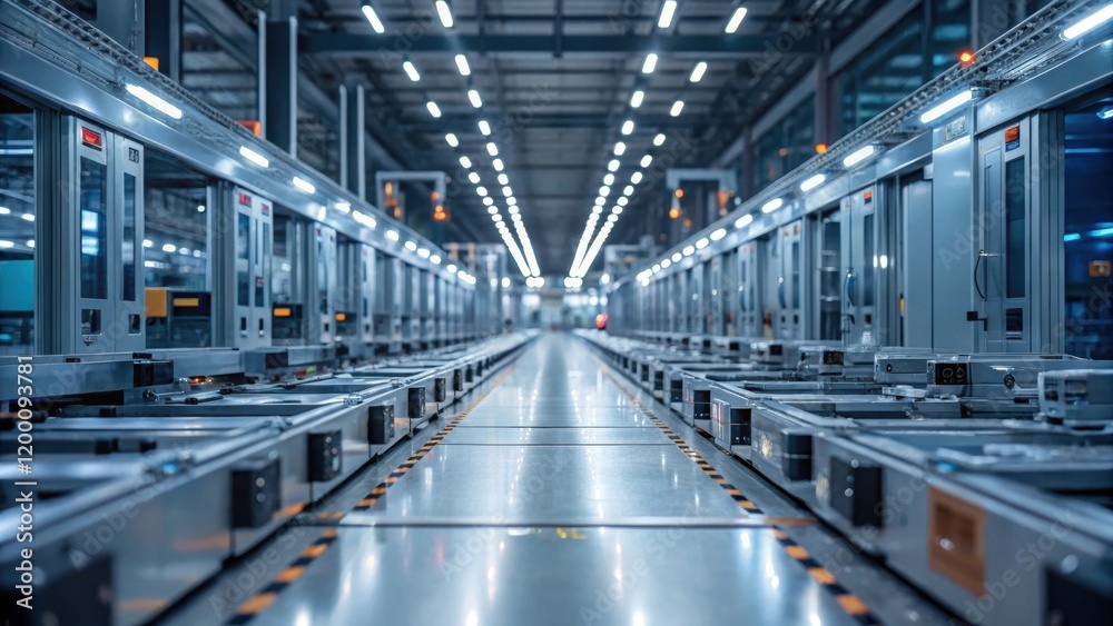 Aufkleber Medium closeup of a sprawling assembly line capturing rows of automated machinery in motion with bright artificial lighting reflecting off polished metal surfaces.
