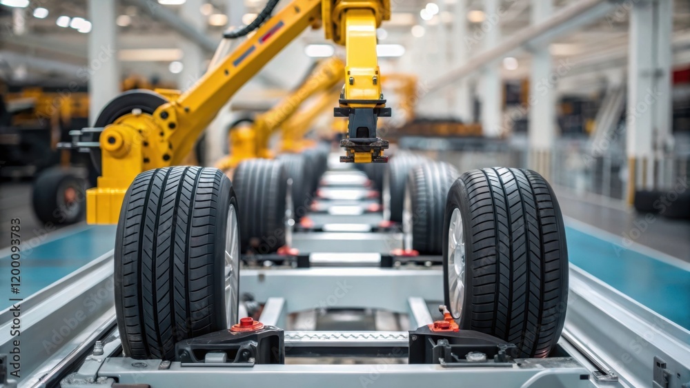 Poster Medium closeup of a robotic arm placing tires onto a vehicle frame illustrating the synchronization between multiple robots in the assembly line.