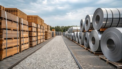 Medium closeup of an outdoor storage area filled with large rolls of steel and towering stacks of lumber organized odically on a grid of gravel.
