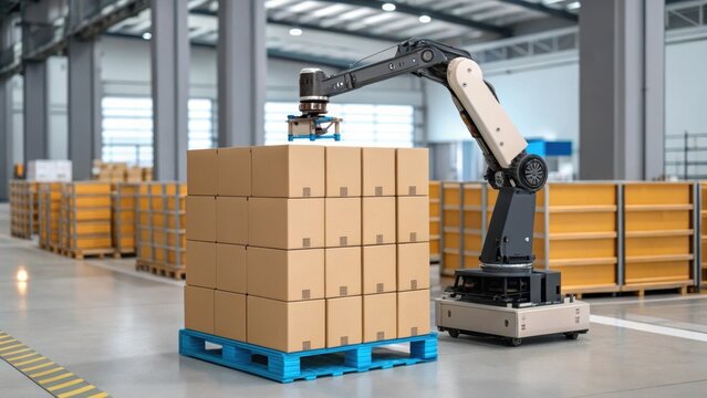 Medium closeup of a palletizing robot stacking boxes with smooth calculated movements demonstrating efficiency in resource management.