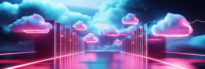 futuristic digital rows of glowing server racks, surrounded by clouds and neon lights