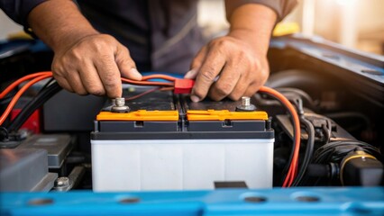 Medium closeup of a technician replacing the battery of an AGV capturing the moment of disconnecting cables and removing the old battery.