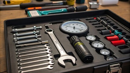 Medium closeup of a tool kit spread out on a workbench including wrenches gauges and lubricant illustrating the preparation for maintenance tasks.