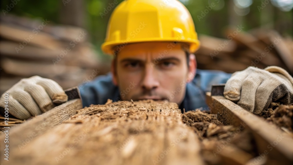 Poster Medium closeup of a worker in a hard hat inspecting a pile being driven into the ground the focus on their hands holding tools and the textured surface of the wooden pile.