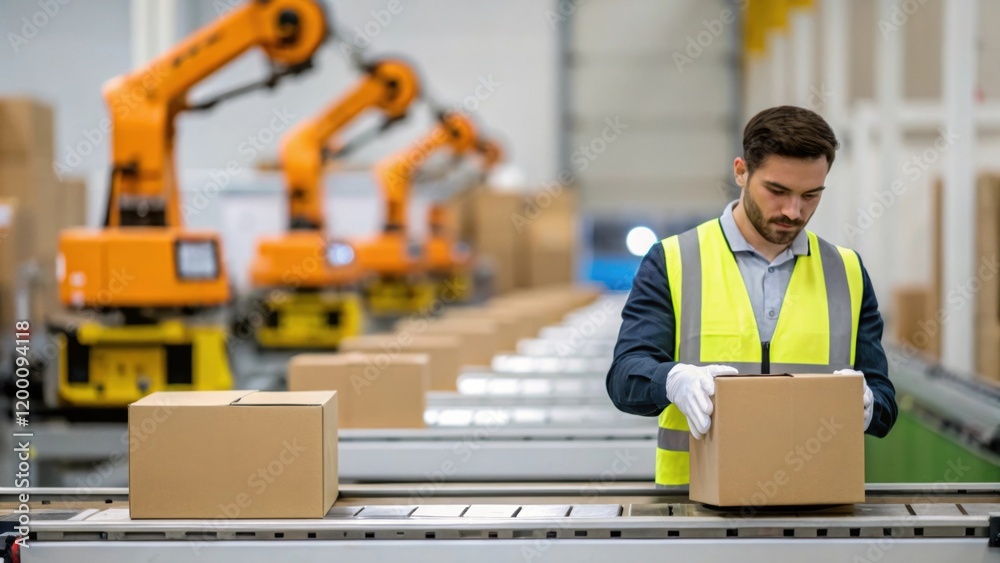 Fototapete Medium closeup of a worker inspecting finished packages on a line with automated robots in the background highlighting the humanrobot collaboration.