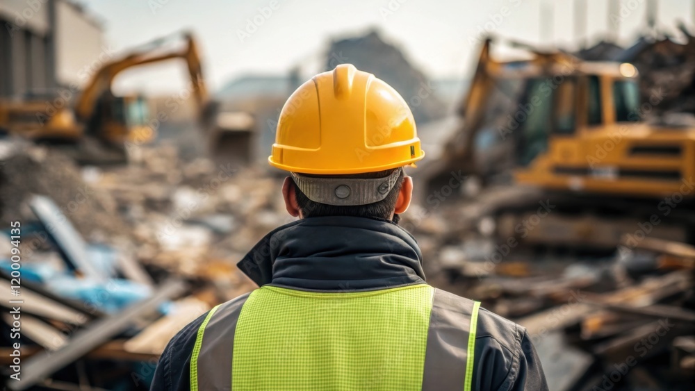 Poster medium closeup of a worker in a hard hat surveying the chaotic scene with tered debris and heavy mac