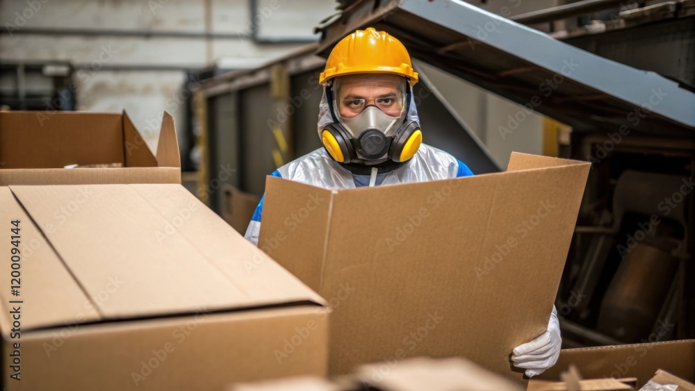 Poster medium closeup of a worker in protective gear expertly feeding large cardboard boxes into a heavydut