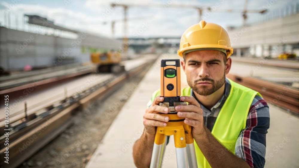 Poster Medium closeup of a worker scanning the area with a level tool ensuring the ground is perfectly aligned for the construction of the stations platforms.
