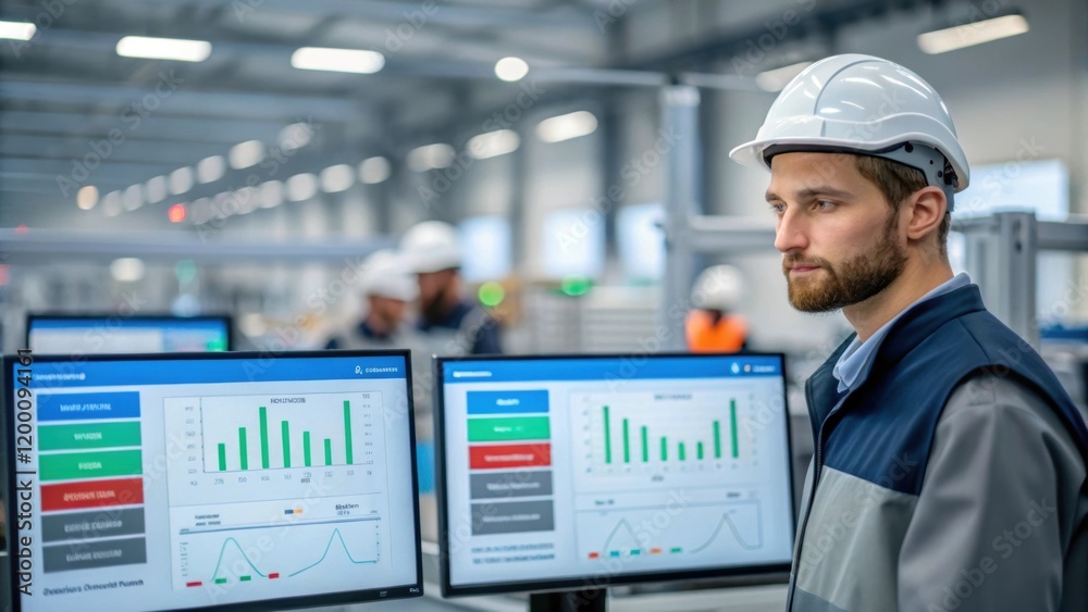 Fototapete Medium closeup of a worker monitoring the sorting process via digital screens with graphs and live feeds displaying sorting efficiency and material breakdown.