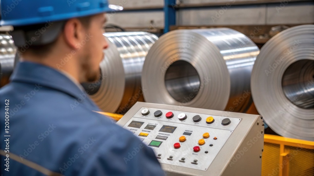 Poster Medium closeup of a worker operating a machinery control panel with several steel coils visible in the background highlighting the precision of the manufacturing process.