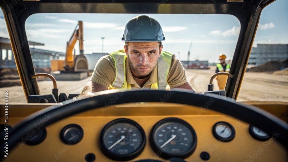 Poster Medium closeup of a worker leaning over the steamrollers dashboard concentration visible on their face as they operate the machine with precision reflecting the dedication to the