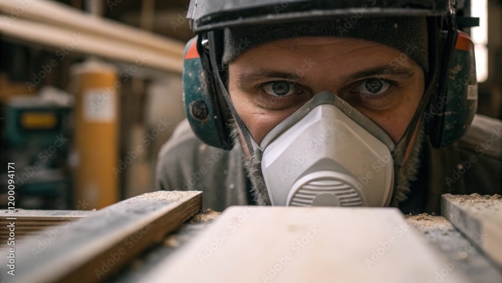 Poster Medium closeup of a workers face partially obscured by a dust mask displaying concentration as they align the noisedampening panels for a precise fit.