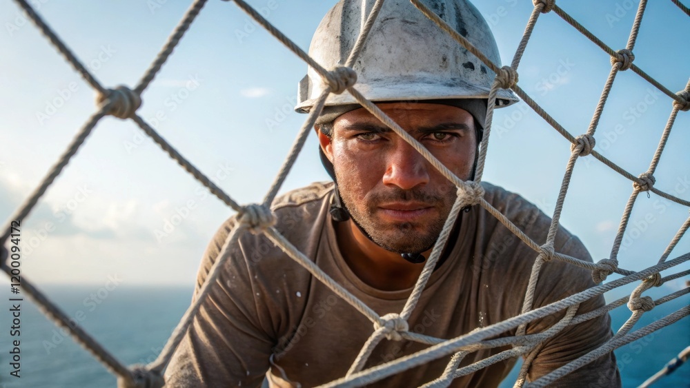 Aufkleber Medium closeup of a worker securing the final section of netting sweat glistening on their brow encapsulating the challenge of working at great heights.