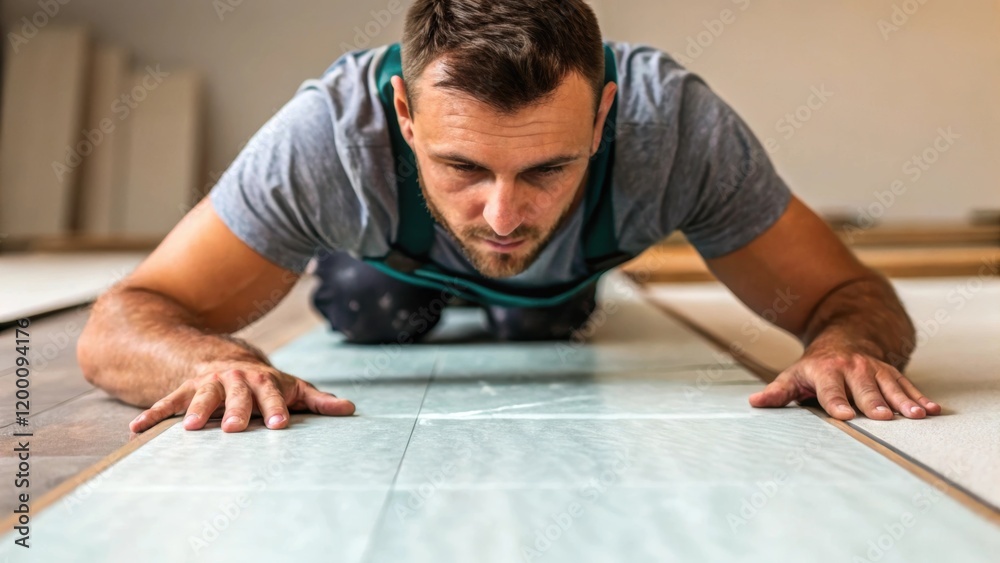 Poster Medium closeup of a workers face deep in concentration as they align large sheets of flooring to ensure a seamless connection sweat glistening on their brow.
