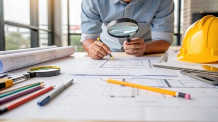 Medium closeup of a worker carefully inspecting plans spread out on a work table with highlighted...