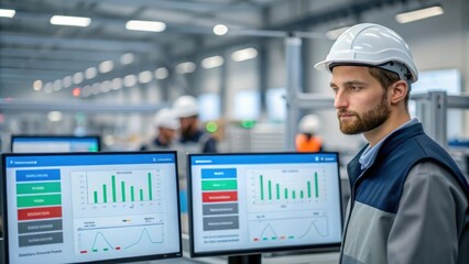 Medium closeup of a worker monitoring the sorting process via digital screens with graphs and live...