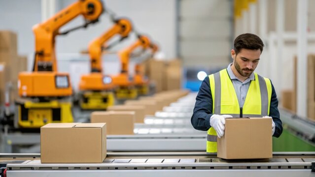 Medium closeup of a worker inspecting finished packages on a line with automated robots in the background highlighting the humanrobot collaboration.