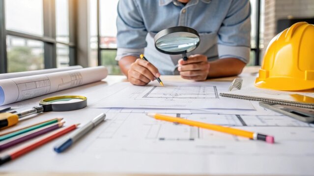 Medium closeup of a worker carefully inspecting plans spread out on a work table with highlighted sections indicating focus areas for the days construction.