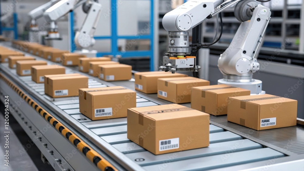 Poster Medium closeup of robots applying adhesive labels to packages detailing the precision and speed of label application in the production line.