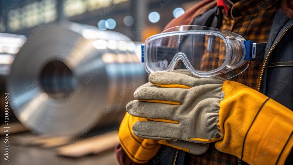 Poster Medium closeup of protective gear worn by a worker focusing on gloves and goggles with a steel coil processing line blurred in the background to highlight safety protocols.
