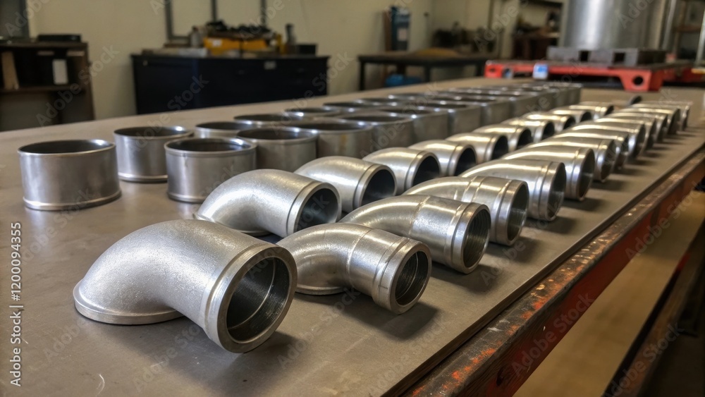 Poster medium closeup of metal duct fittings laid out odically on a workbench highlighting various shapes a