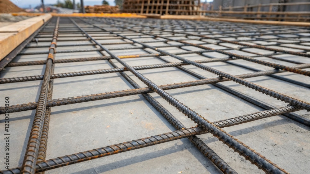Aufkleber Medium closeup of large steel rebar grids being p into position for reinforcement within a concrete pour highlighting the critical structural components.