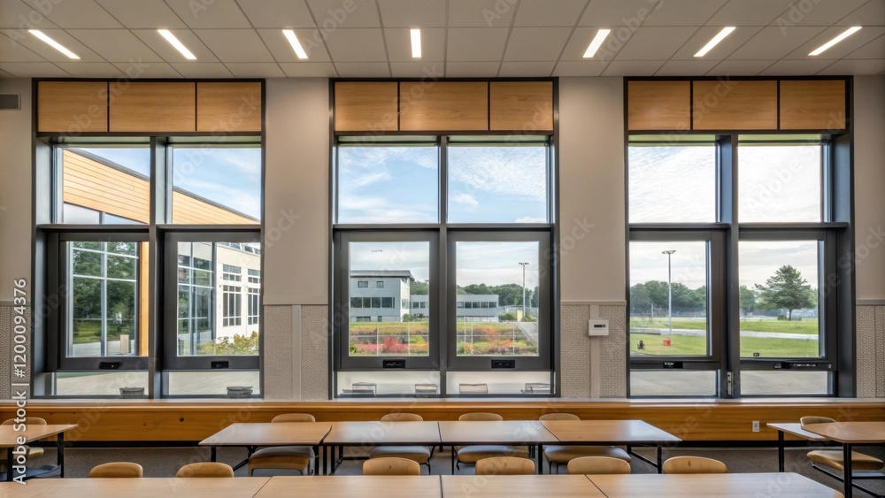 Aufkleber Medium closeup of large windows being installed in the modular classroom structure showcasing the integration of natural light and modern design elements.