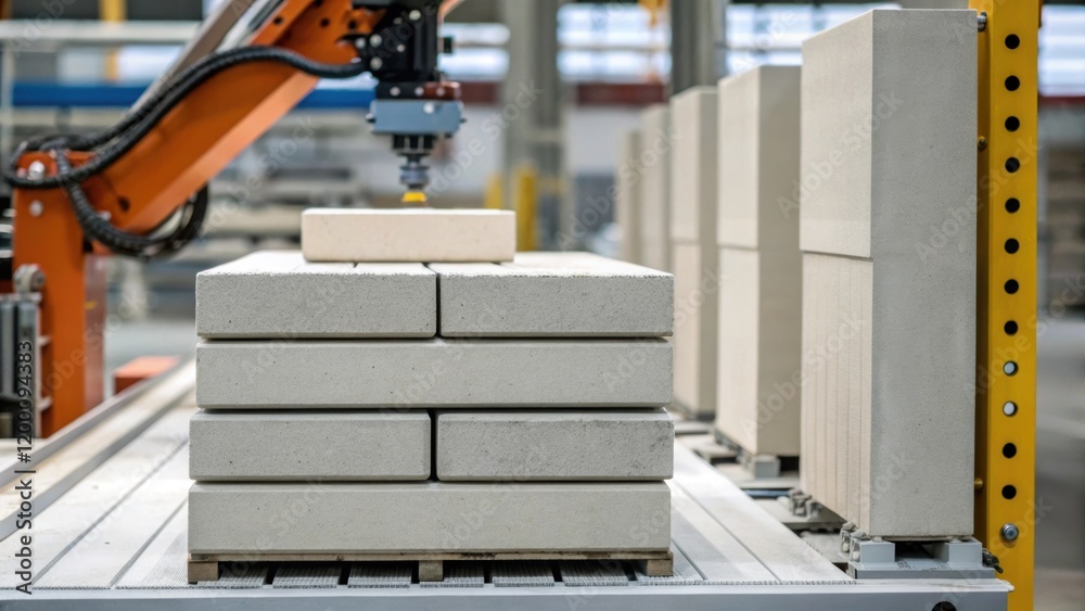 Aufkleber Medium closeup of concrete blocks being stacked by a robotic arm the precision of motion capturing the efficiency of factory automation.