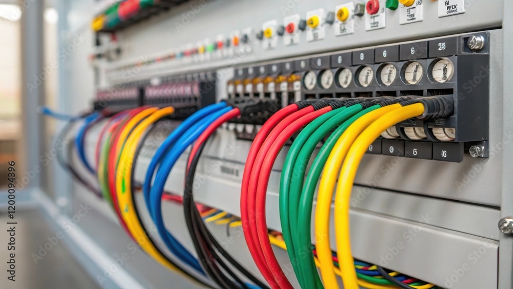 Poster medium closeup of colorful cables and wiring being organized and connected on a control panel showca