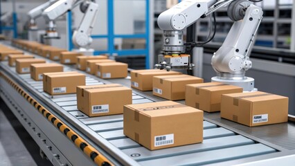 Medium closeup of robots applying adhesive labels to packages detailing the precision and speed of label application in the production line.
