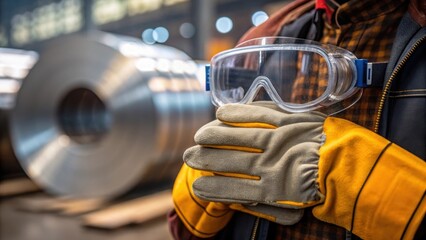 Medium closeup of protective gear worn by a worker focusing on gloves and goggles with a steel coil processing line blurred in the background to highlight safety protocols.