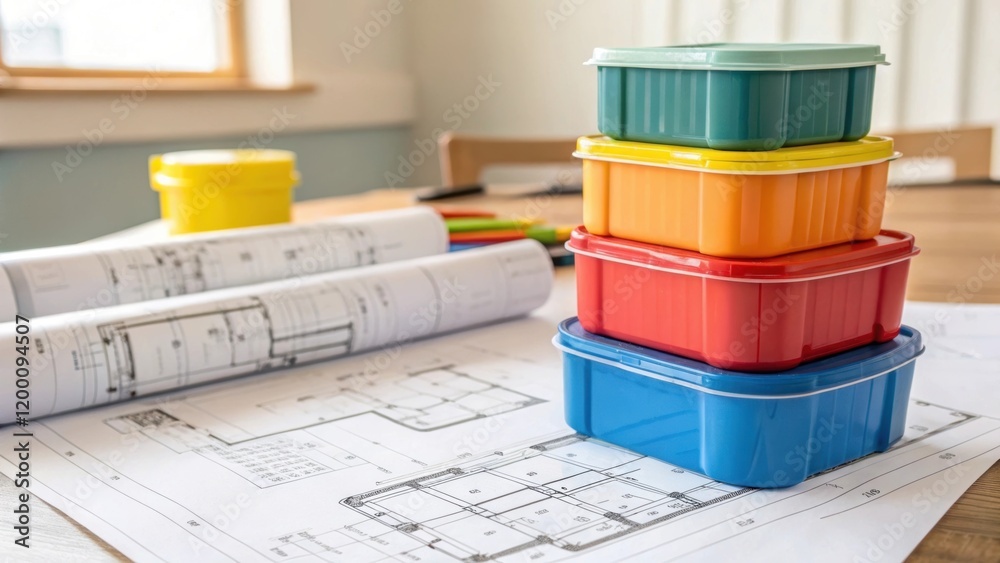 Aufkleber Medium closeup of several colorful containers stacked on one another juxtaposed with construction blueprints spread out on a nearby table representing design and planning.