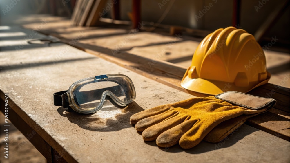 Poster medium closeup of safety equipment alongside the project site with goggles and gloves lying on a dus